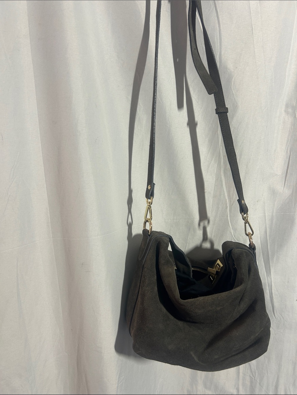 Women's Black Suede Shoulder Bag with Gold Hardware